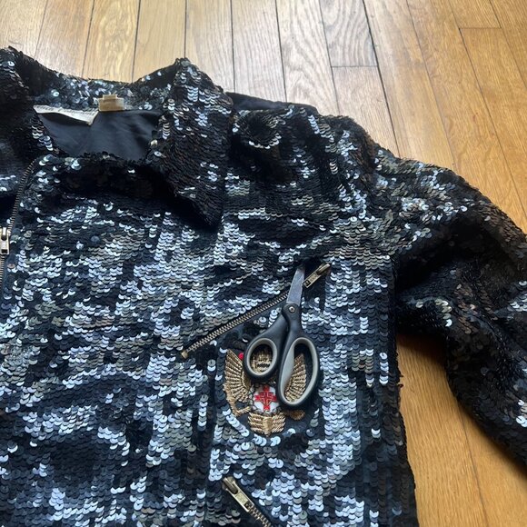 French Collizioni Size S Black Vintage Sequin Embroidered Patches Moto Jacket - Picture 15 of 16